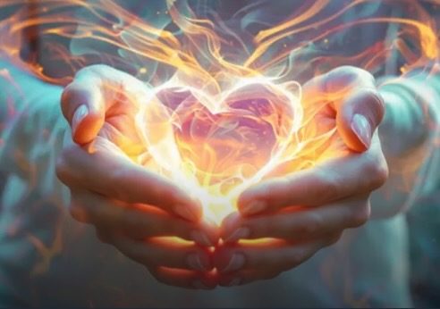 Hands holding a glowing heart